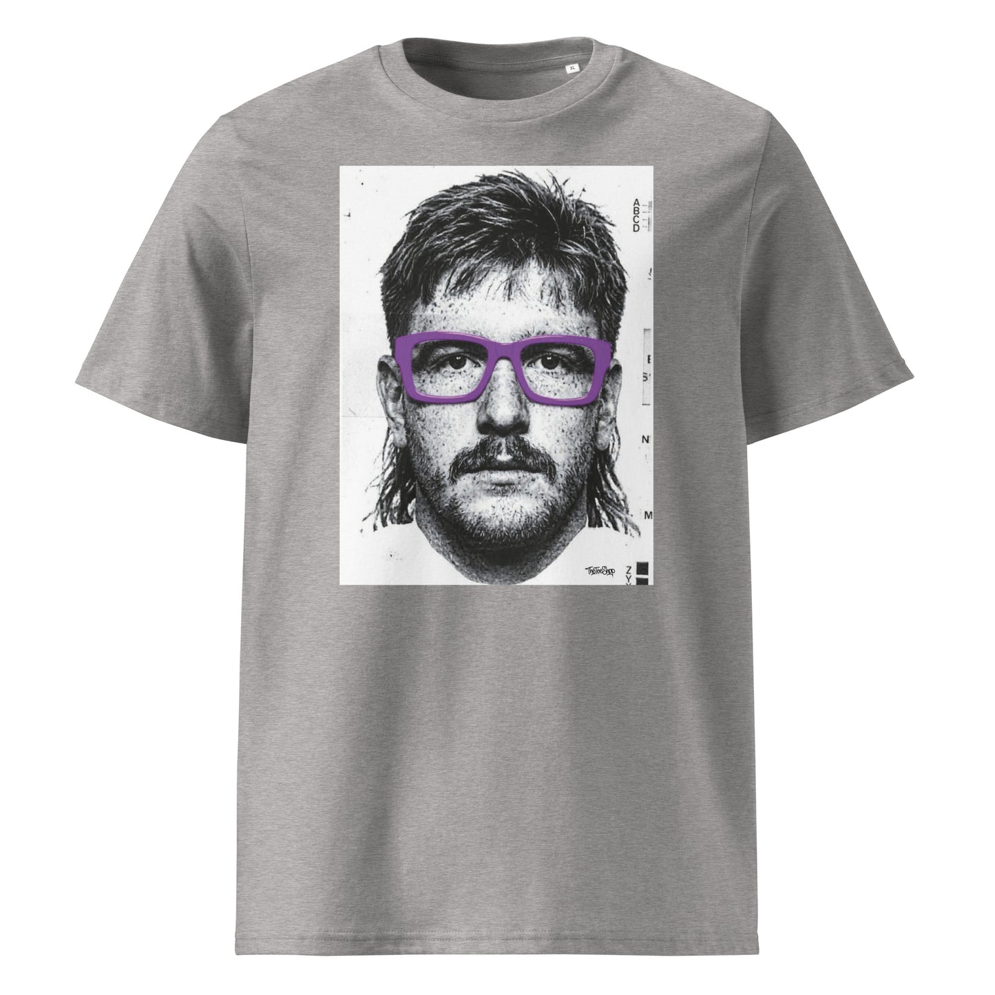 Grey rugby t-shirt front view featuring an illustrated portrait inspired by a modern rugby lock wearing bold purple glasses with a “what you looking at?” expression