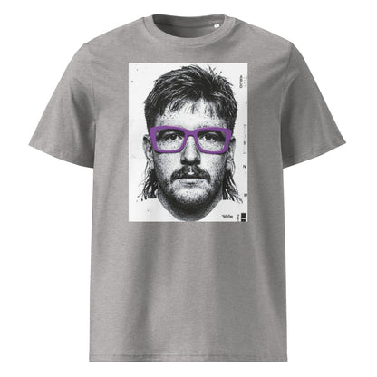 Grey rugby t-shirt front view featuring an illustrated portrait inspired by a modern rugby lock wearing bold purple glasses with a “what you looking at?” expression