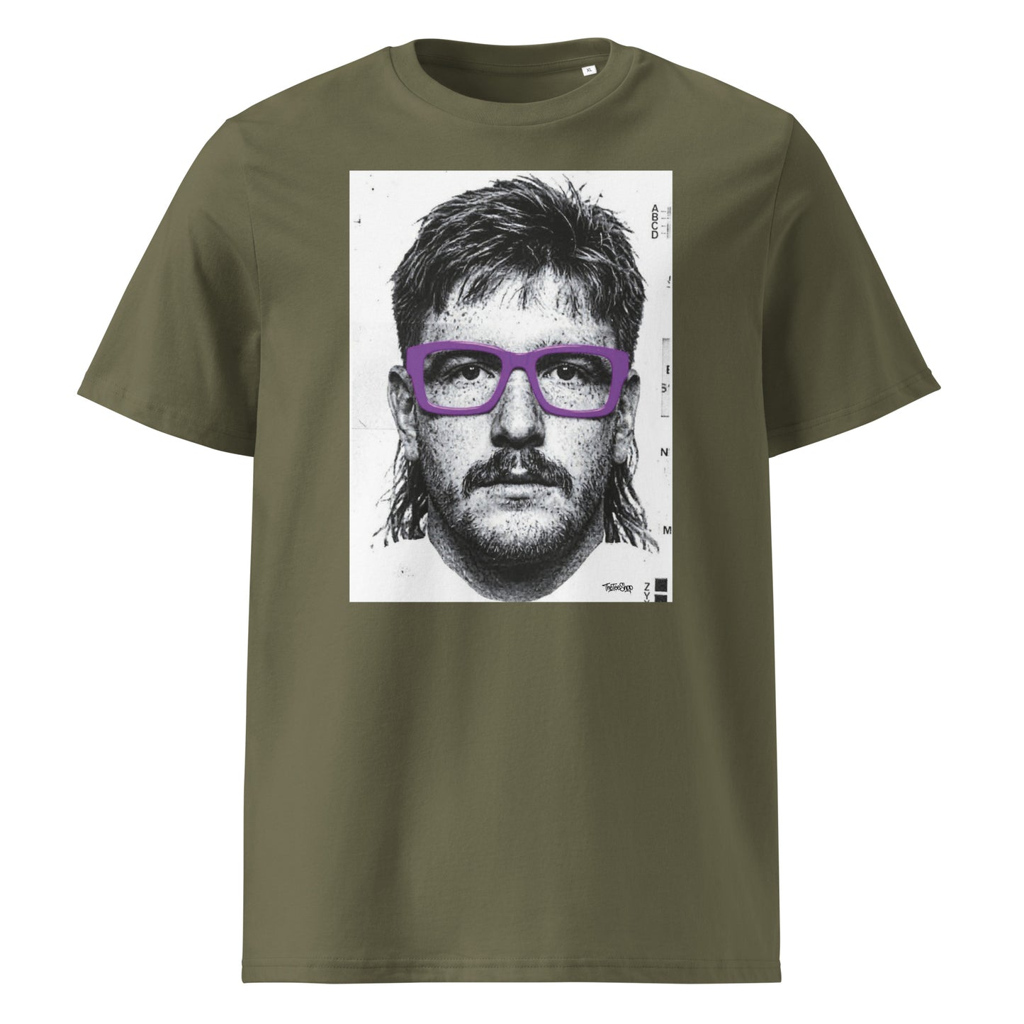 Khaki green rugby t-shirt front view featuring an illustrated portrait inspired by a modern rugby lock wearing bold purple glasses with a “what you looking at?” expression