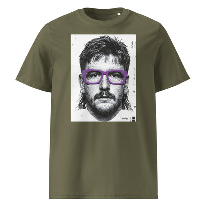 Khaki green rugby t-shirt front view featuring an illustrated portrait inspired by a modern rugby lock wearing bold purple glasses with a “what you looking at?” expression