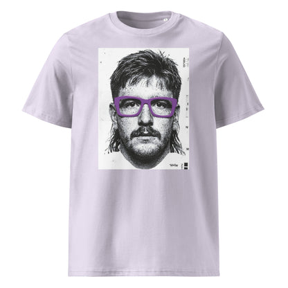 Lavender rugby t-shirt front view featuring an illustrated portrait inspired by a modern rugby lock wearing bold purple glasses with a “what you looking at?” expression