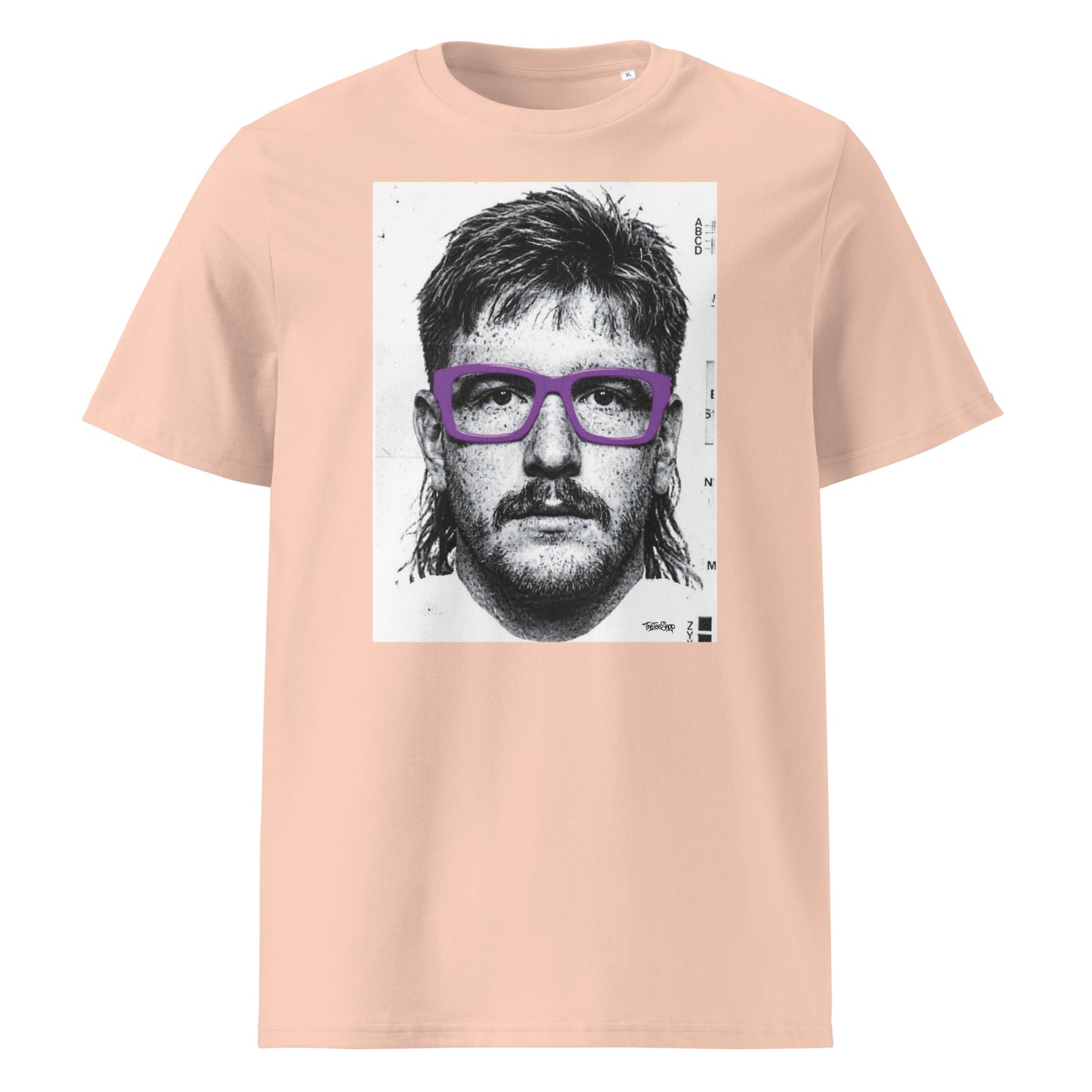 Peche rugby t-shirt front view featuring an illustrated portrait inspired by a modern rugby lock wearing bold purple glasses with a “what you looking at?” expression