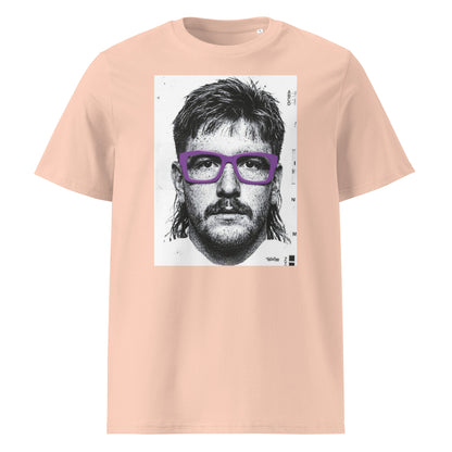 Peche rugby t-shirt front view featuring an illustrated portrait inspired by a modern rugby lock wearing bold purple glasses with a “what you looking at?” expression
