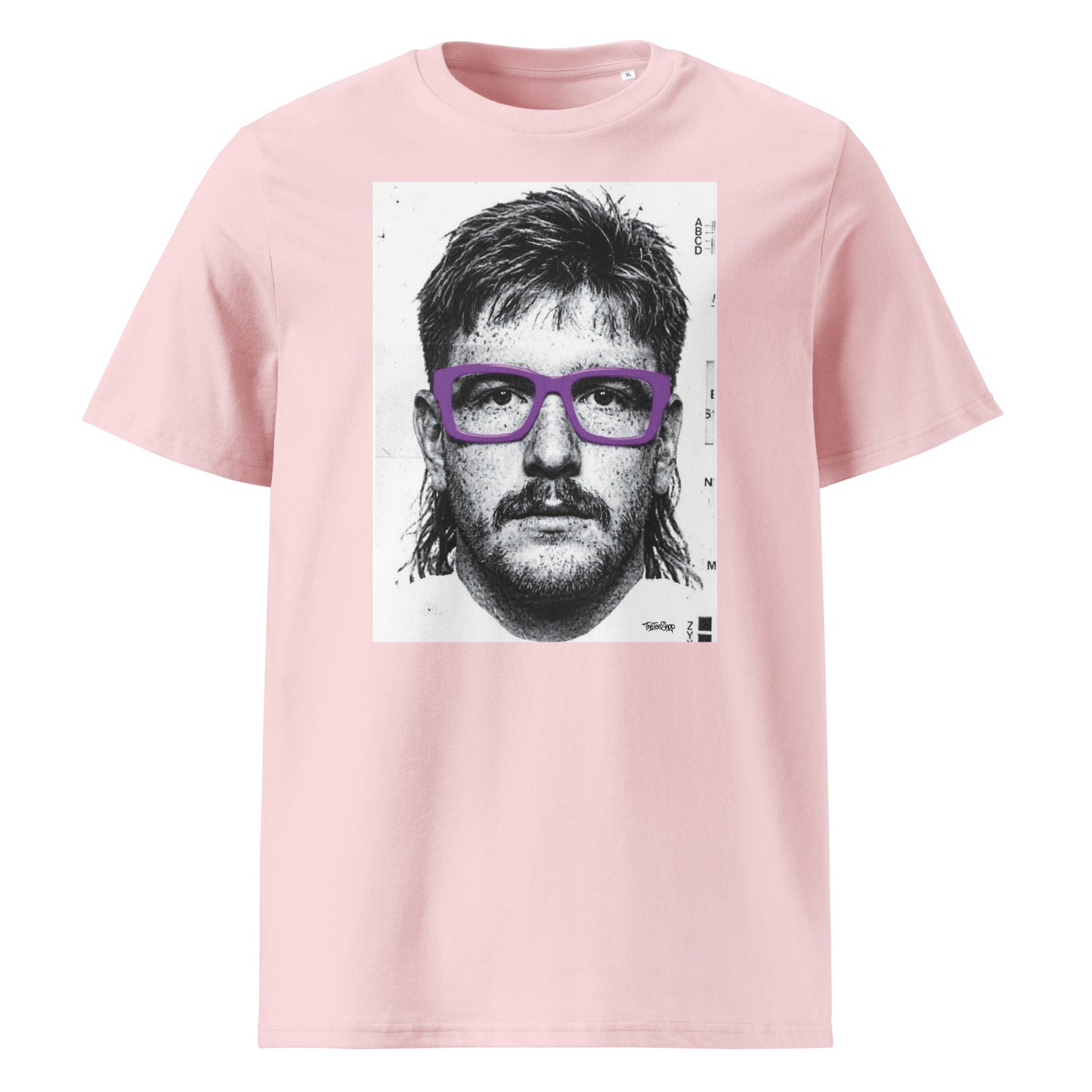 Pink rugby t-shirt front view featuring an illustrated portrait inspired by a modern rugby lock wearing bold purple glasses with a “what you looking at?” expression