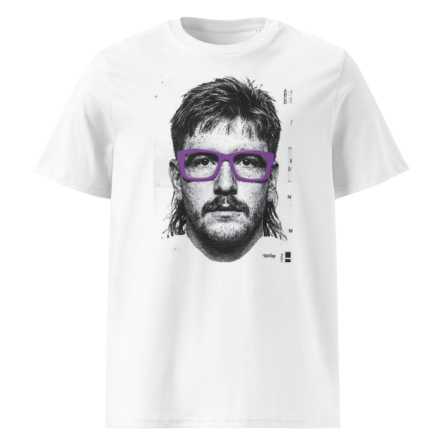 White rugby t-shirt front view featuring an illustrated portrait inspired by a modern rugby lock wearing bold purple glasses with a “what you looking at?” expression