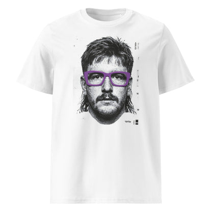 White rugby t-shirt front view featuring an illustrated portrait inspired by a modern rugby lock wearing bold purple glasses with a “what you looking at?” expression