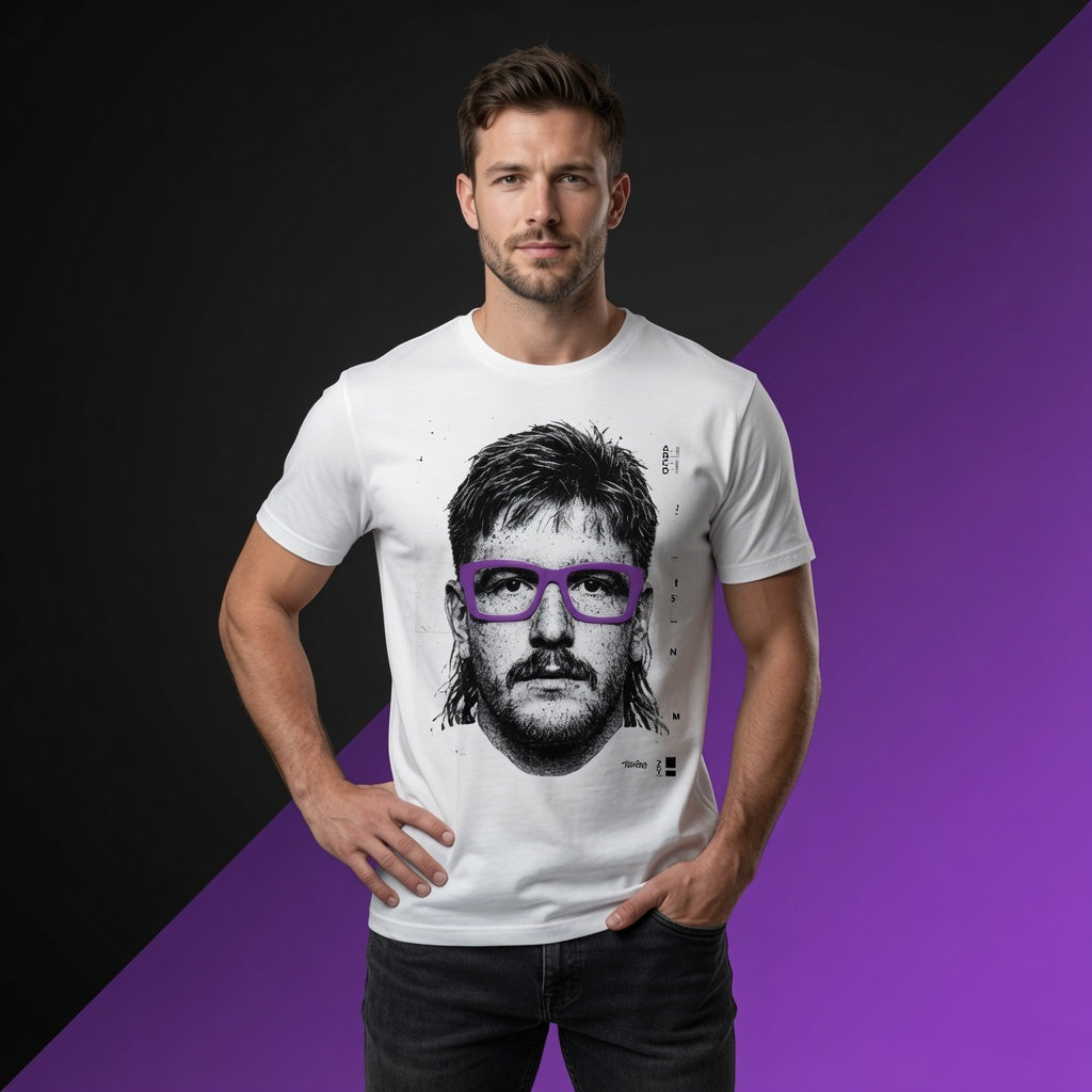 Close-up of male model wearing the t-shirt highlighting the illustrated rugby lock face and glasses detail