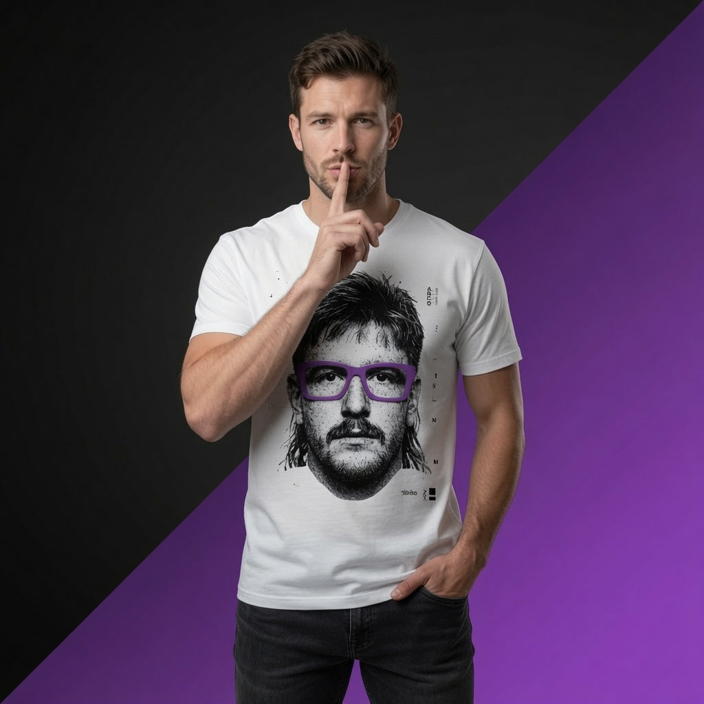 Male model wearing the rugby lock portrait t-shirt shown from the front with the illustrated glasses graphic clearly visible