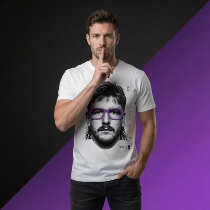 Male model wearing the rugby lock portrait t-shirt shown from the front with the illustrated glasses graphic clearly visible
