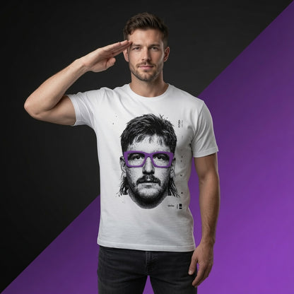 Male model wearing the rugby portrait t-shirt in a casual lifestyle setting, showing how the graphic looks when worn