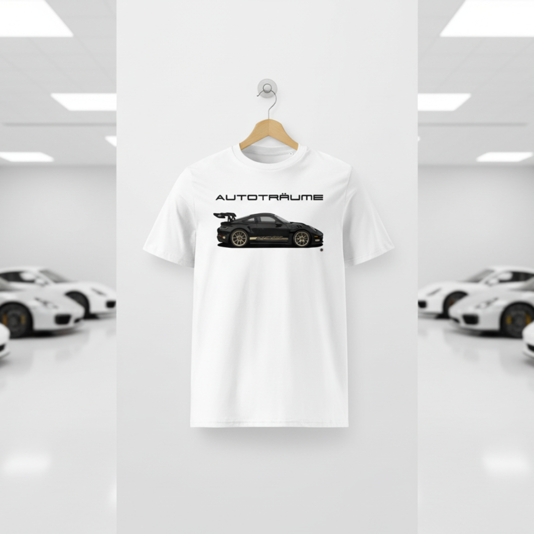 White AUTOTRÄUME GT3 T‑shirt with a black Porsche‑style car and gold highlights illustration hanging on a premium wooden hanger and silver wall peg against a central white wall in a bright sports car gallery, with a glossy white floor and blurred white and silver sports cars running down both sides.