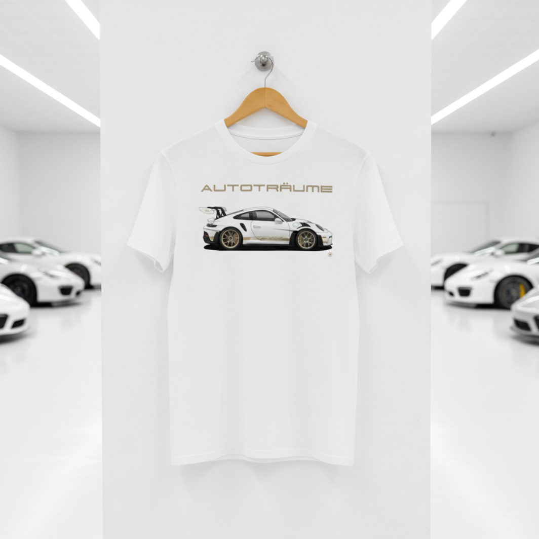 Male model standing confidently in a bright sports car gallery wearing a white AUTOTRÄUME GT3 RS T-shirt featuring a white Porsche-style GT3 RS car graphic with gold details, paired with dark jeans and white trainers, with blurred white and silver sports cars in the background.