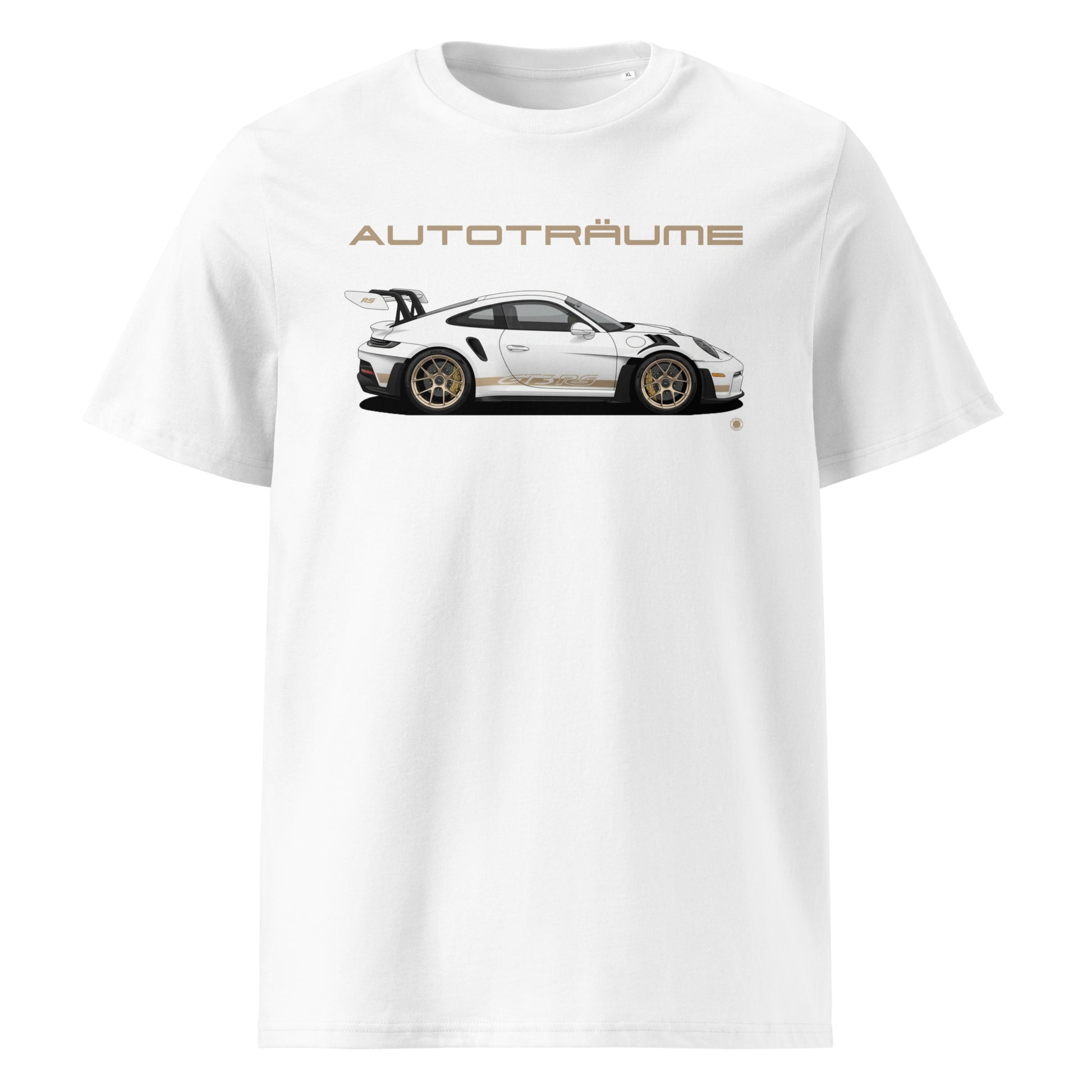 White AUTOTRÄUME GT3 RS T-Shirt with Gold Detail front view.