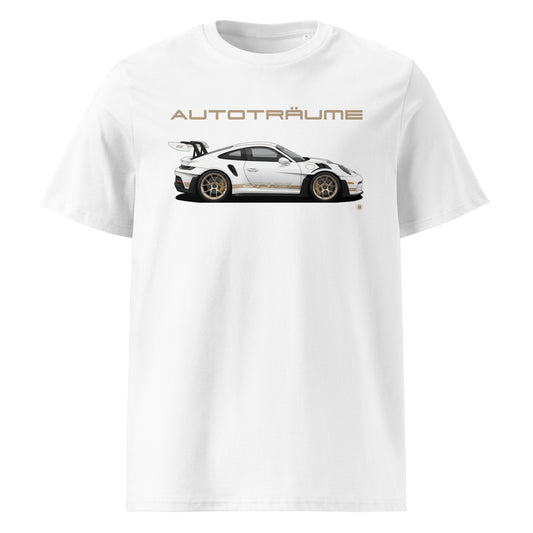 White AUTOTRÄUME GT3 RS T-Shirt with Gold Detail front view.