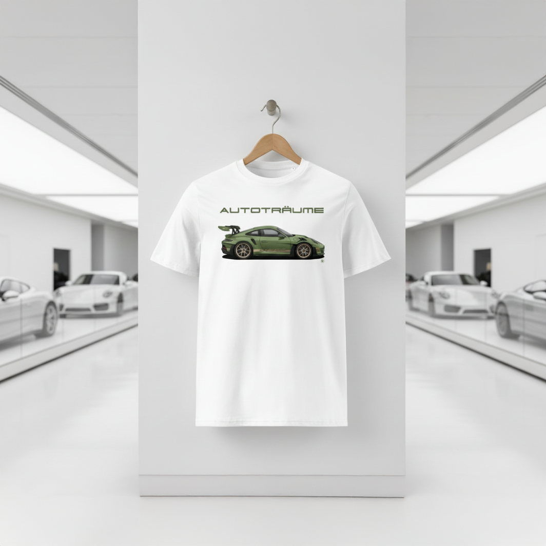 White AUTOTRÄUME GT3 T‑shirt with an olive green Porsche‑style car illustration hanging on a wooden hanger in a bright white sports car museum, with glossy floor reflections and blurred white and silver sports cars in the background.