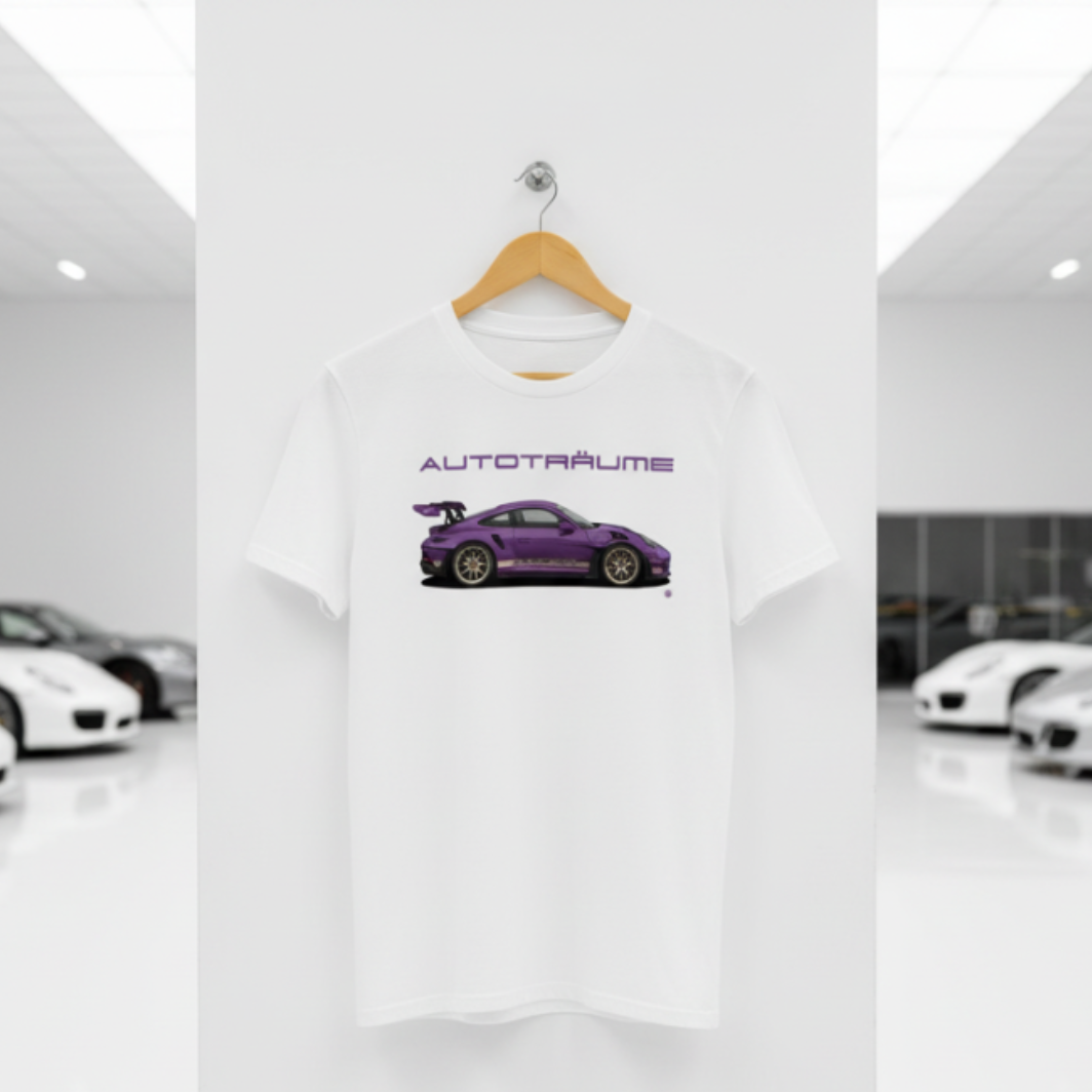 White AUTOTRÄUME T‑shirt with a purple Porsche‑style GT3 car illustration hanging on a premium wooden hanger and silver peg against a central white wall in a bright sports car gallery, with a glossy white floor and blurred white and silver sports cars running down both sides.