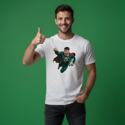 White Irish Rugby T‑Shirt for Men – Dan Sheehan Superhero Illustration in Green Outfit