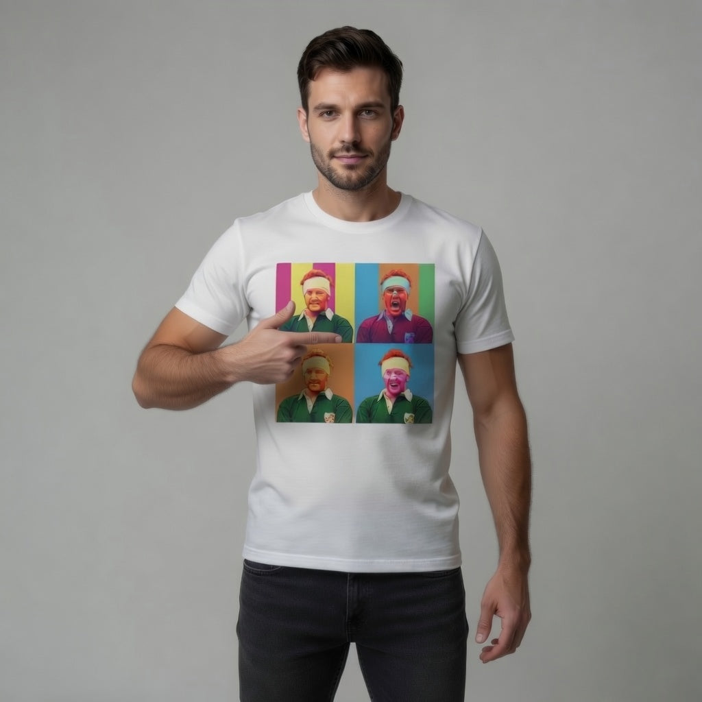 Male model wearing a white Irish rugby t-shirt featuring a bold Ginger McLoughlin 4-panel pop art tribute graphic.