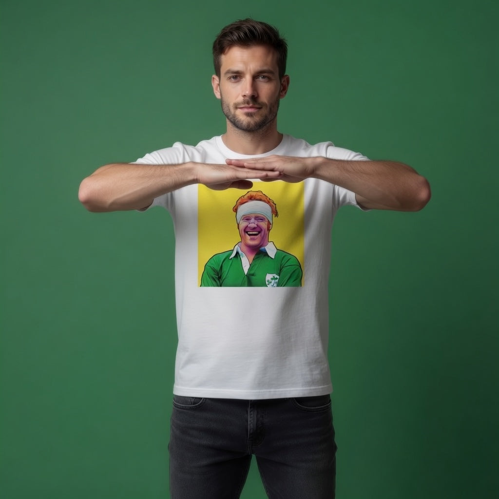 Male model wearing a white Irish rugby t-shirt featuring a laughing Ginger McLoughlin pop art graphic celebrating a memorable front row figure.