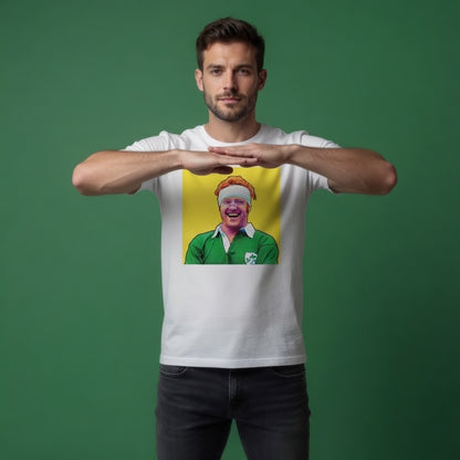 Male model wearing a white Irish rugby t-shirt featuring a laughing Ginger McLoughlin pop art graphic celebrating a memorable front row figure.
