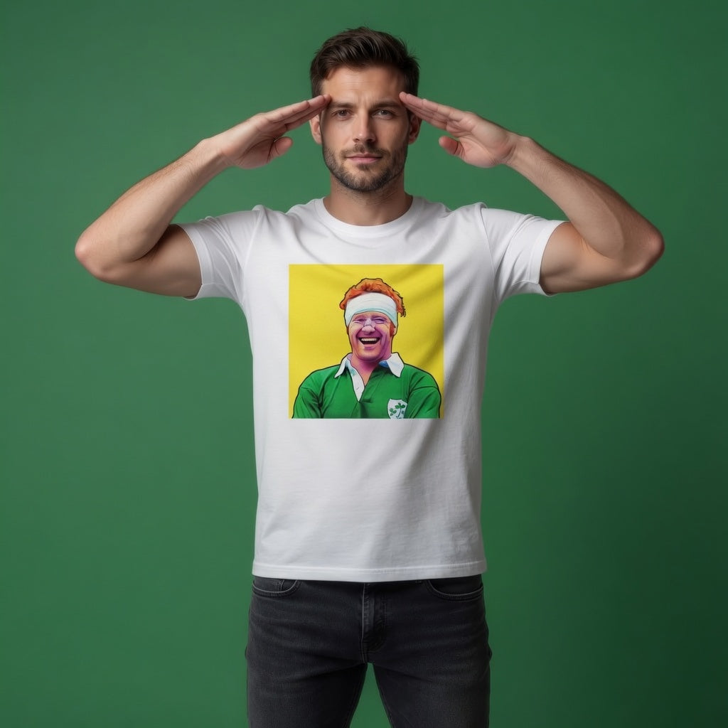 Male model wearing a white Irish rugby t-shirt featuring a laughing Ginger McLoughlin pop art graphic celebrating a memorable front row figure.