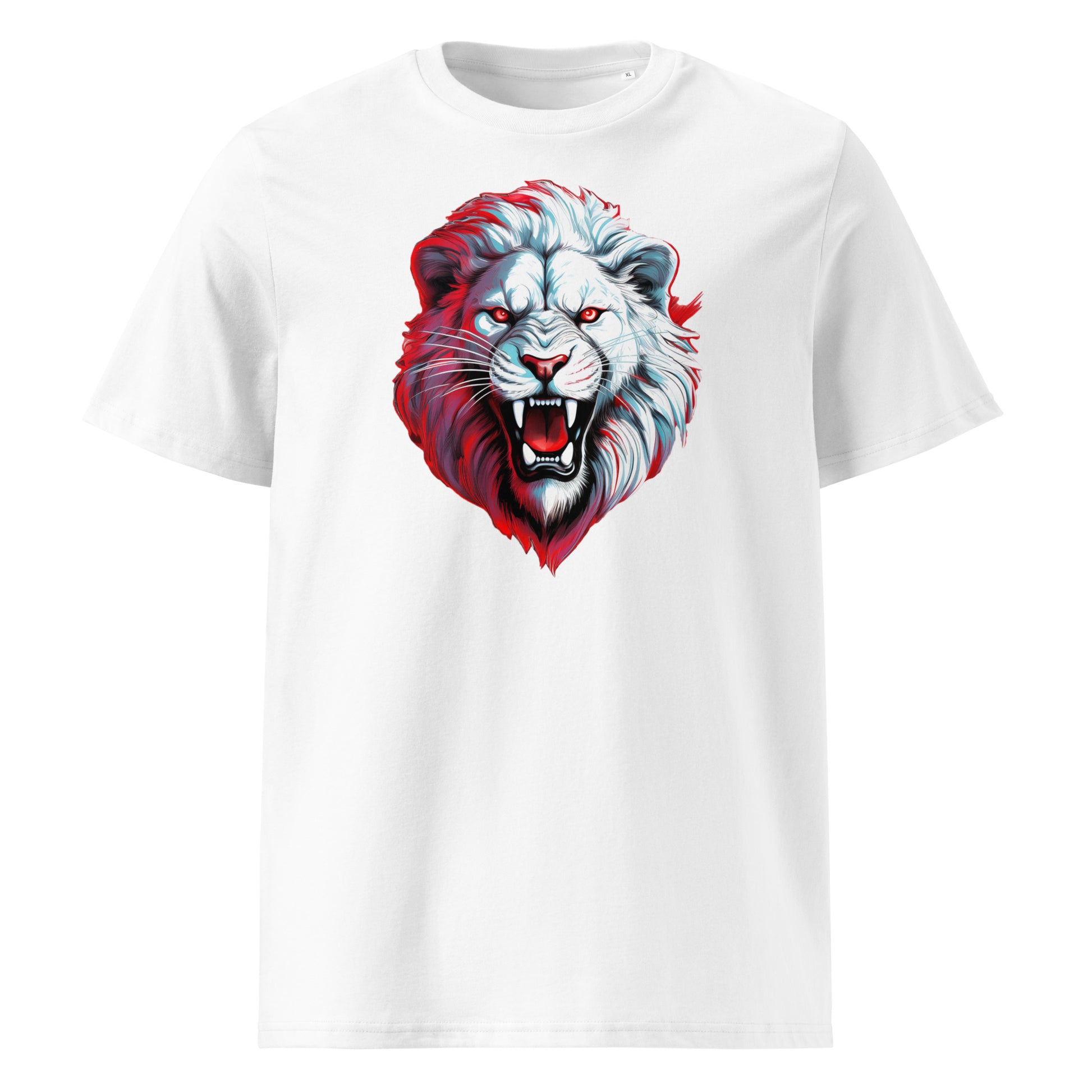 Front of the t-shirt featuring a white lion with red accents on a white background – a bold and clean design for Ulster and Lions Tour rugby fans.
