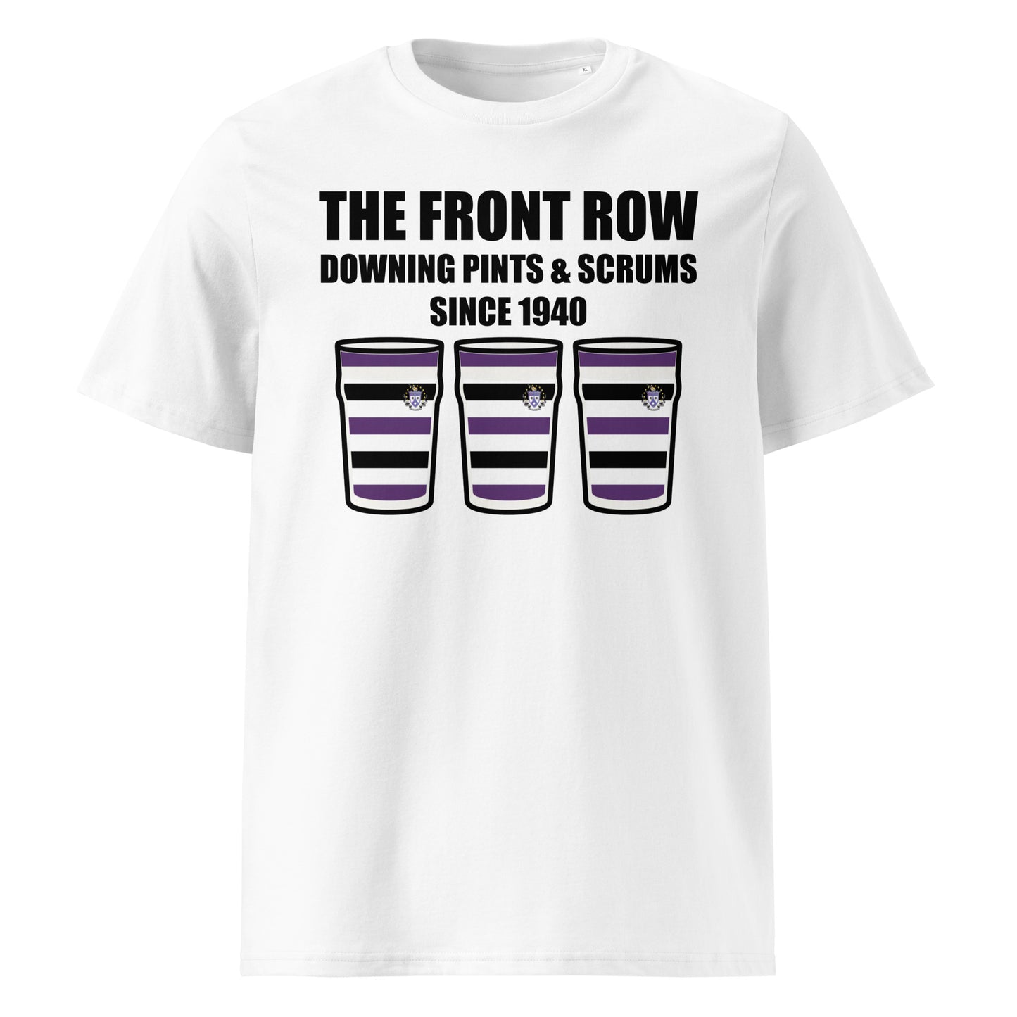 White Terenure College Rugby T-shirt featuring 3 pint glasses in purple black and white