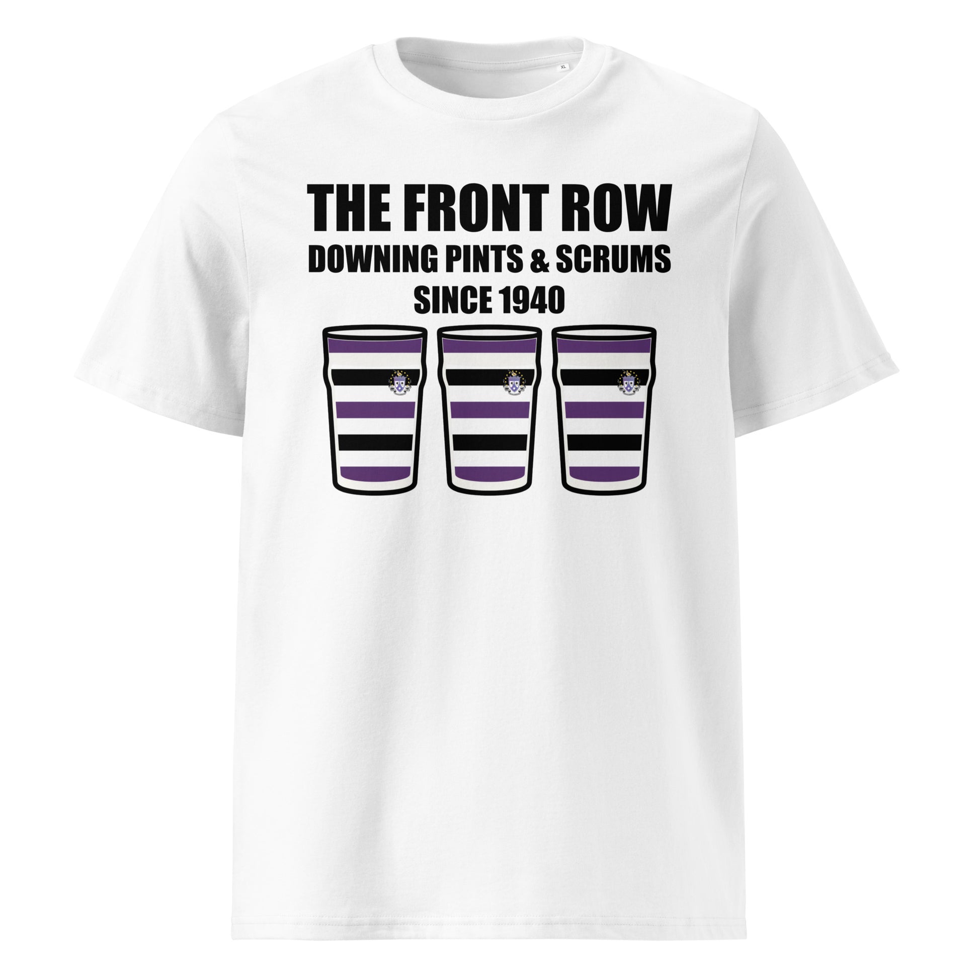 White Terenure College Rugby T-shirt featuring 3 pint glasses in purple black and white