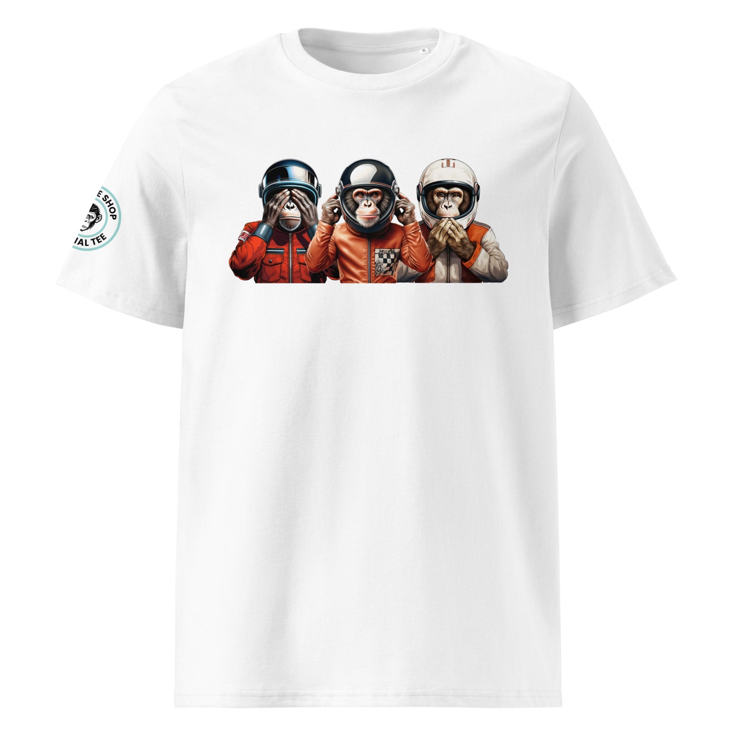 Front view of Wize Monkeys 1.0 t-shirt featuring three helmeted monkeys in “see no evil, hear no evil, speak no evil” pose, pastel design.