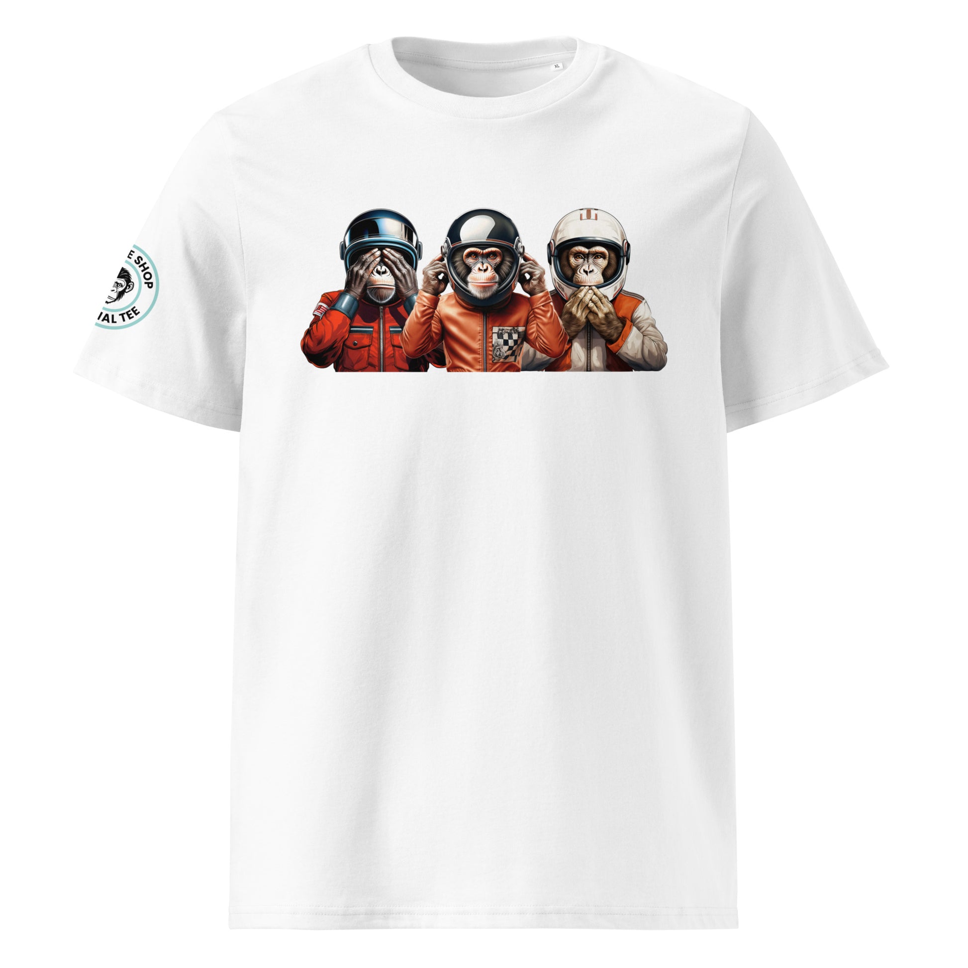 Front view of Wize Monkeys 1.0 t-shirt featuring three helmeted monkeys in “see no evil, hear no evil, speak no evil” pose, pastel design.