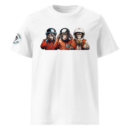 Front view of Wize Monkeys 1.0 t-shirt featuring three helmeted monkeys in “see no evil, hear no evil, speak no evil” pose, pastel design.