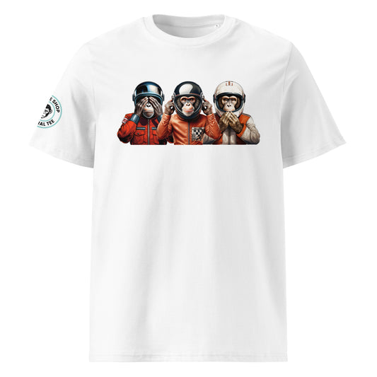 Front view of Wize Monkeys 1.0 t-shirt featuring three helmeted monkeys in “see no evil, hear no evil, speak no evil” pose, pastel design.