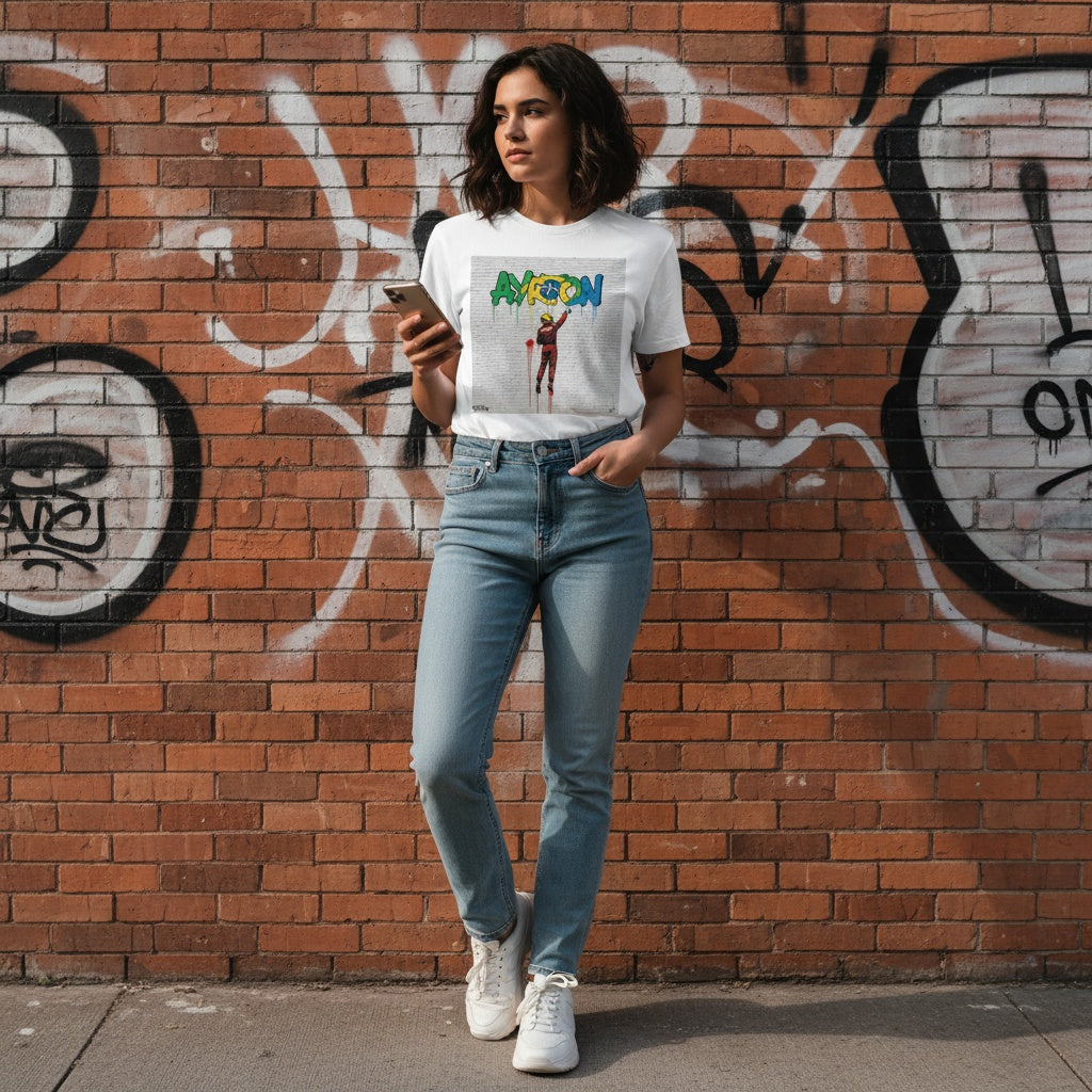 Young woman standing against a brick wall with graffiti, wearing TheTeeShop’s Ayrton Senna street art graffiti t-shirt from the Paddock Collection, holding a smartphone and showcasing casual motorsport-inspired streetwear.