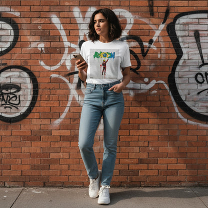 Young woman standing against a brick wall with graffiti, wearing TheTeeShop’s Brazilian Street Art graffiti t-shirt from the Paddock Collection, holding a smartphone and showcasing casual motorsport-inspired streetwear.