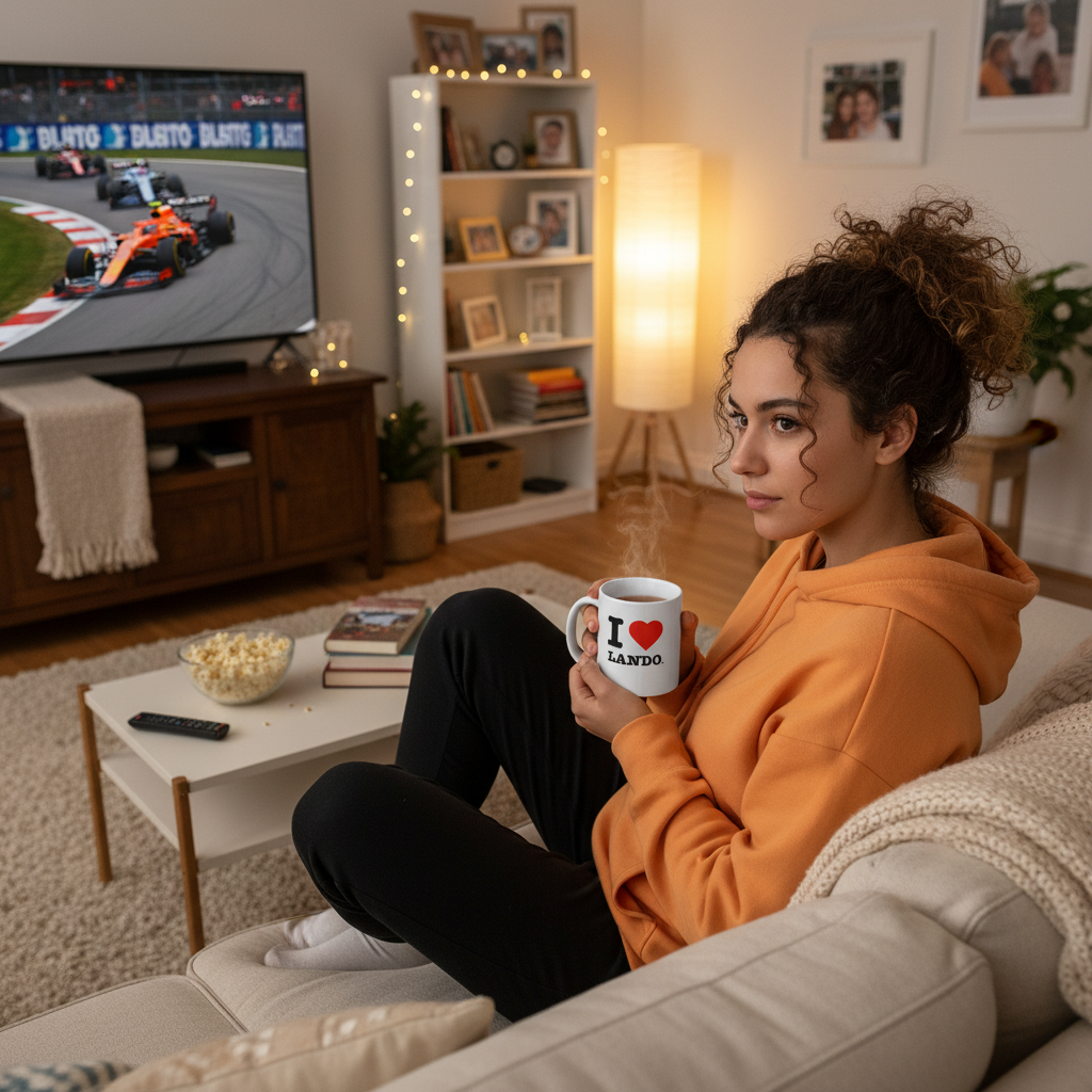Woman sitting on a couch holding a mug with a TV showing an F1 race in the background.