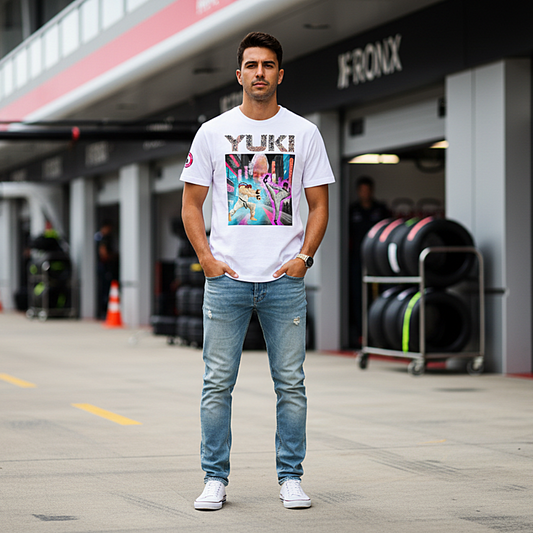 Male motorsport fan in an F1 paddock wearing a white YUKI martial arts T‑shirt with neon city fight scene graphic and YUKI text on the front, garages and pit lane blurred behind.