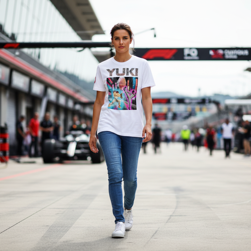 Female motorsport fan walking through an F1 paddock in jeans wearing a white YUKI martial arts T‑shirt with neon city fight scene graphic and YUKI text on the front, garages and pit lane blurred behind.