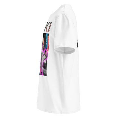 Left side view of the YUKI Martial Arts T-Shirt, featuring the vibrant martial arts graphic and sleeve logo.
