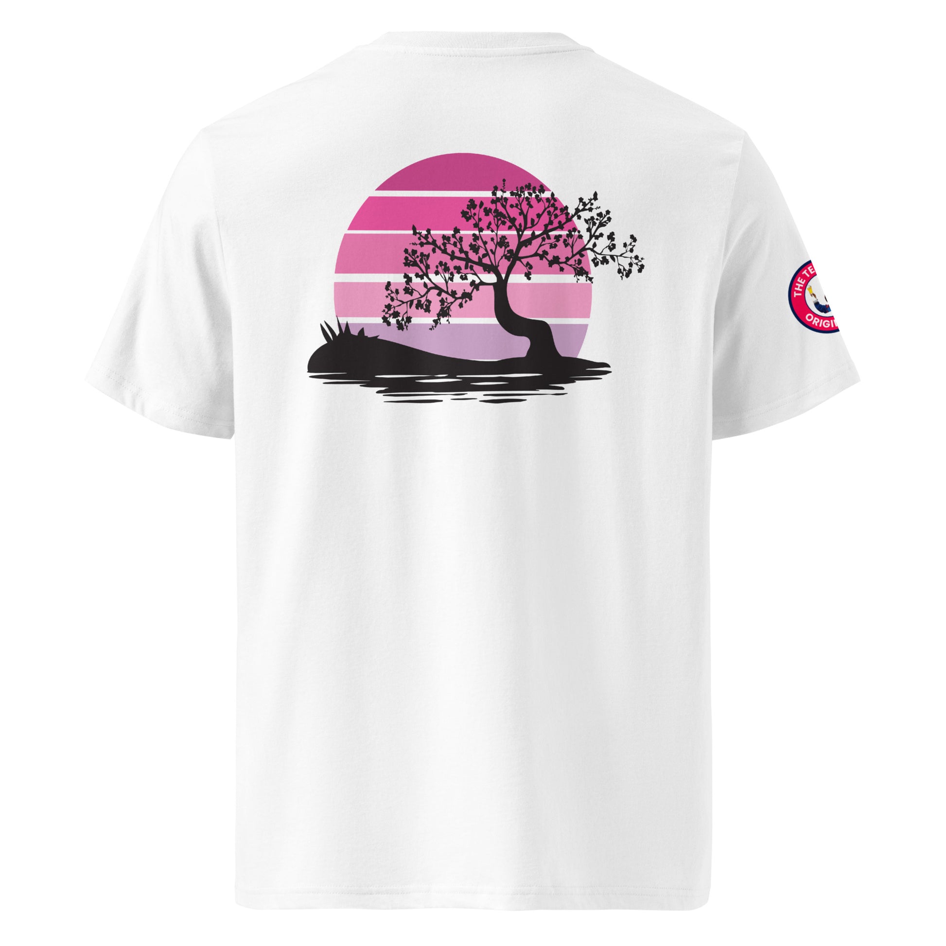 Rear view of the Sakura Sunset T-Shirt, displaying the detailed sunset and tree design.