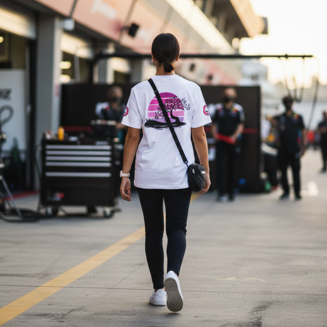 Female motorsport fan in an F1 paddock wearing a white YUKI martial arts T‑shirt, turned away to show the back print with pink sunset and cherry blossom tree graphic, garages and pit lane blurred behind.