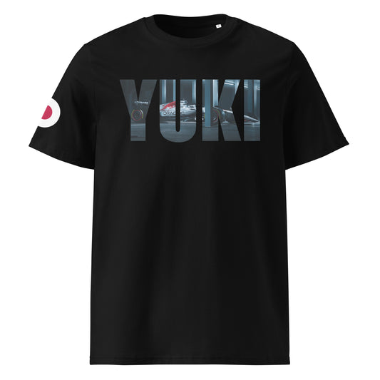 Front view of the YUKI Racing Car T-Shirt, featuring the bold 'YUKI' graphic with a racing car design.