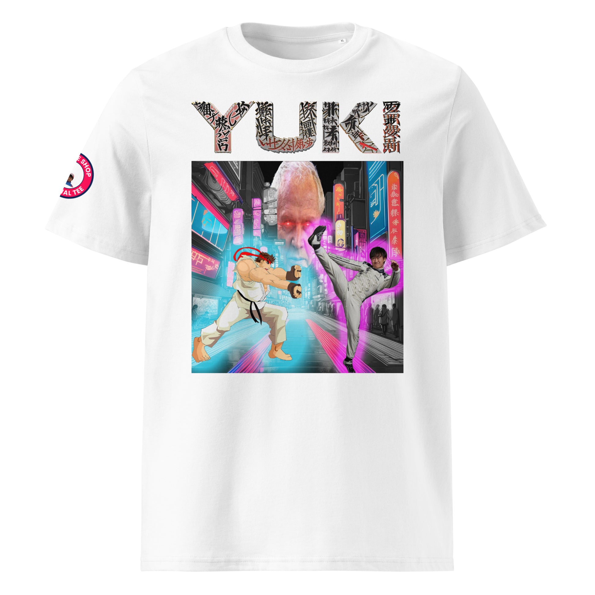 Meta Description: "Front view of the YUKI TSUNODA Martial Arts T-Shirt, showcasing a dynamic graphic of martial artists in a neon-lit urban setting."