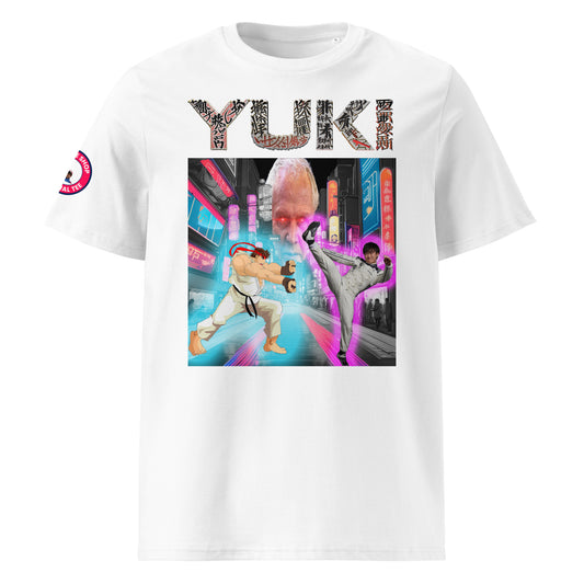 Meta Description: "Front view of the YUKI TSUNODA Martial Arts T-Shirt, showcasing a dynamic graphic of martial artists in a neon-lit urban setting."