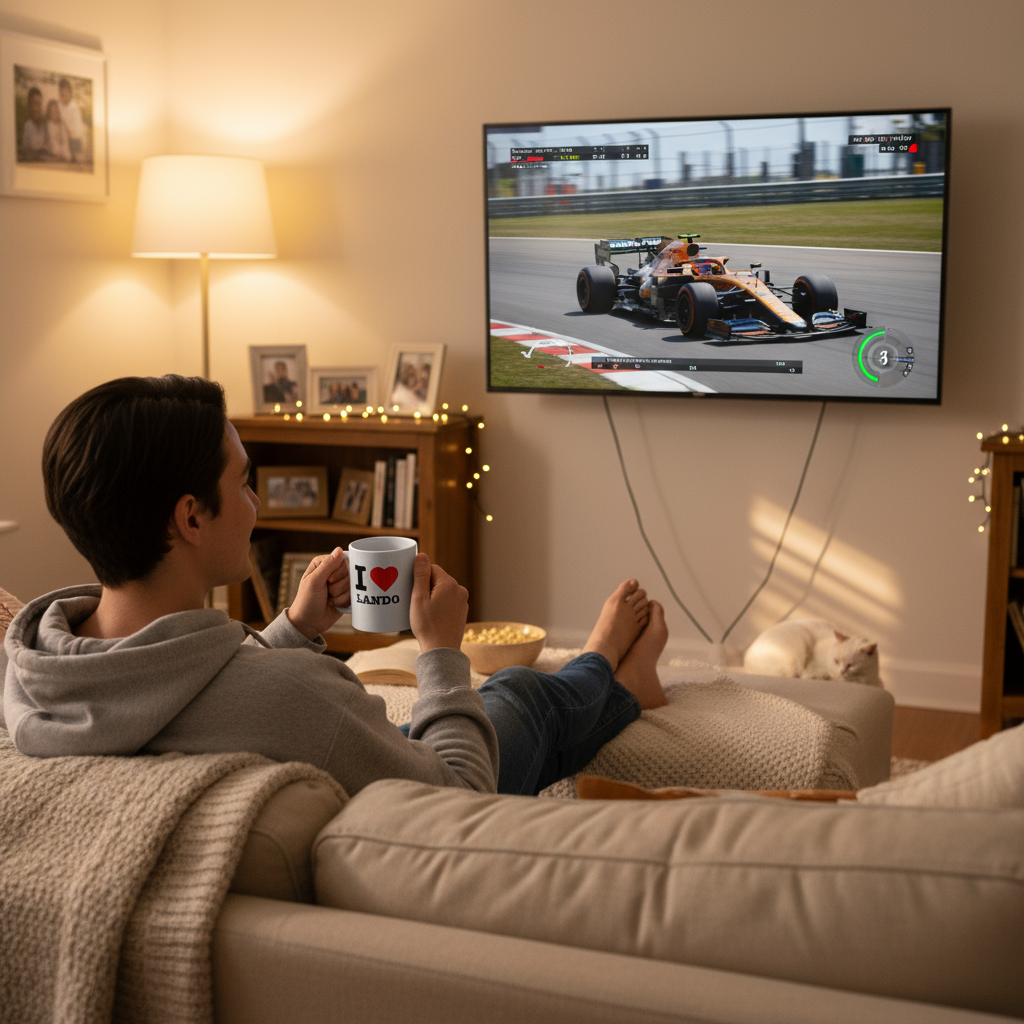 Person watching a Formula 1 race on TV in a cozy living room. Holding an I love Lando Fan Mug.