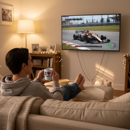 Person watching a Formula 1 race on TV in a cozy living room. Holding an I love Lando Fan Mug.