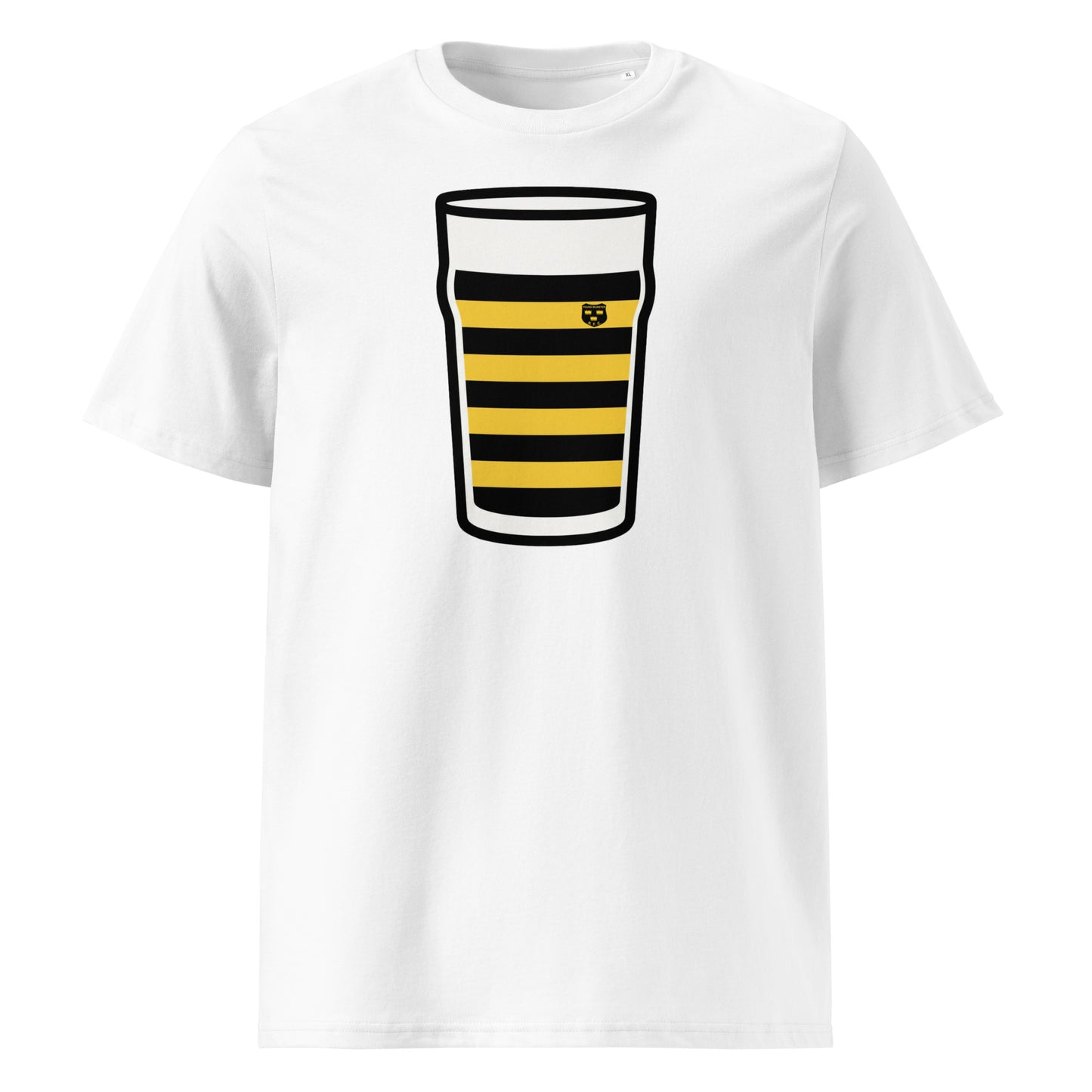 White Young Munster Mega Pint Rugby T-Shirt featuring a pint glass graphic in black and yellow hooped club colours.