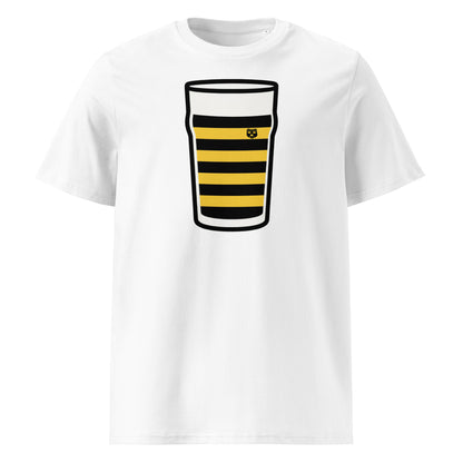 White Young Munster Mega Pint Rugby T-Shirt featuring a pint glass graphic in black and yellow hooped club colours.