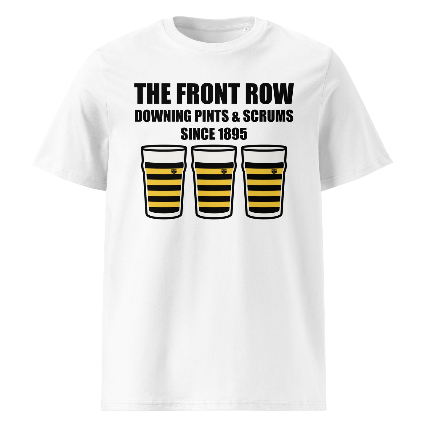 White Young Munster RFC rugby t-shirt with black slogan text reading The Front Row Downing Pints & Scrums Since 1895 and three pint glasses in black and yellow striped club colours.