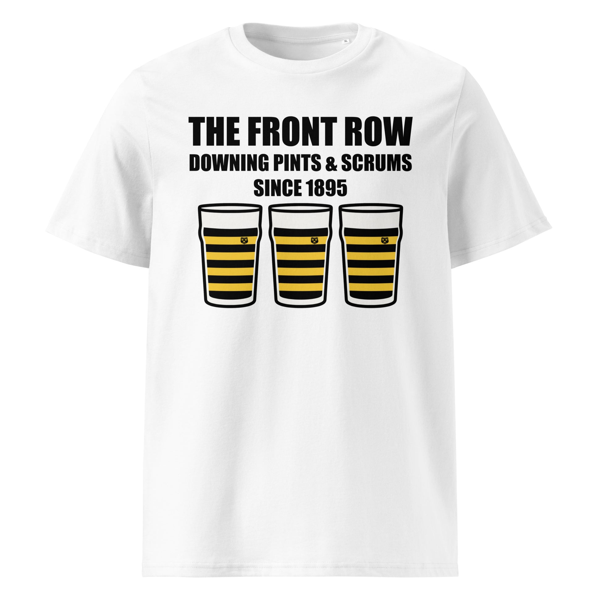 White Young Munster RFC rugby t-shirt with black slogan text reading The Front Row Downing Pints & Scrums Since 1895 and three pint glasses in black and yellow striped club colours.