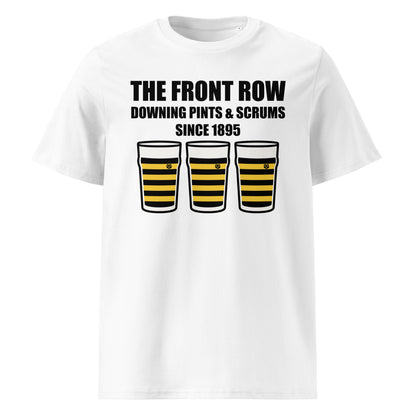 White Young Munster RFC rugby t-shirt with black slogan text reading The Front Row Downing Pints & Scrums Since 1895 and three pint glasses in black and yellow striped club colours.
